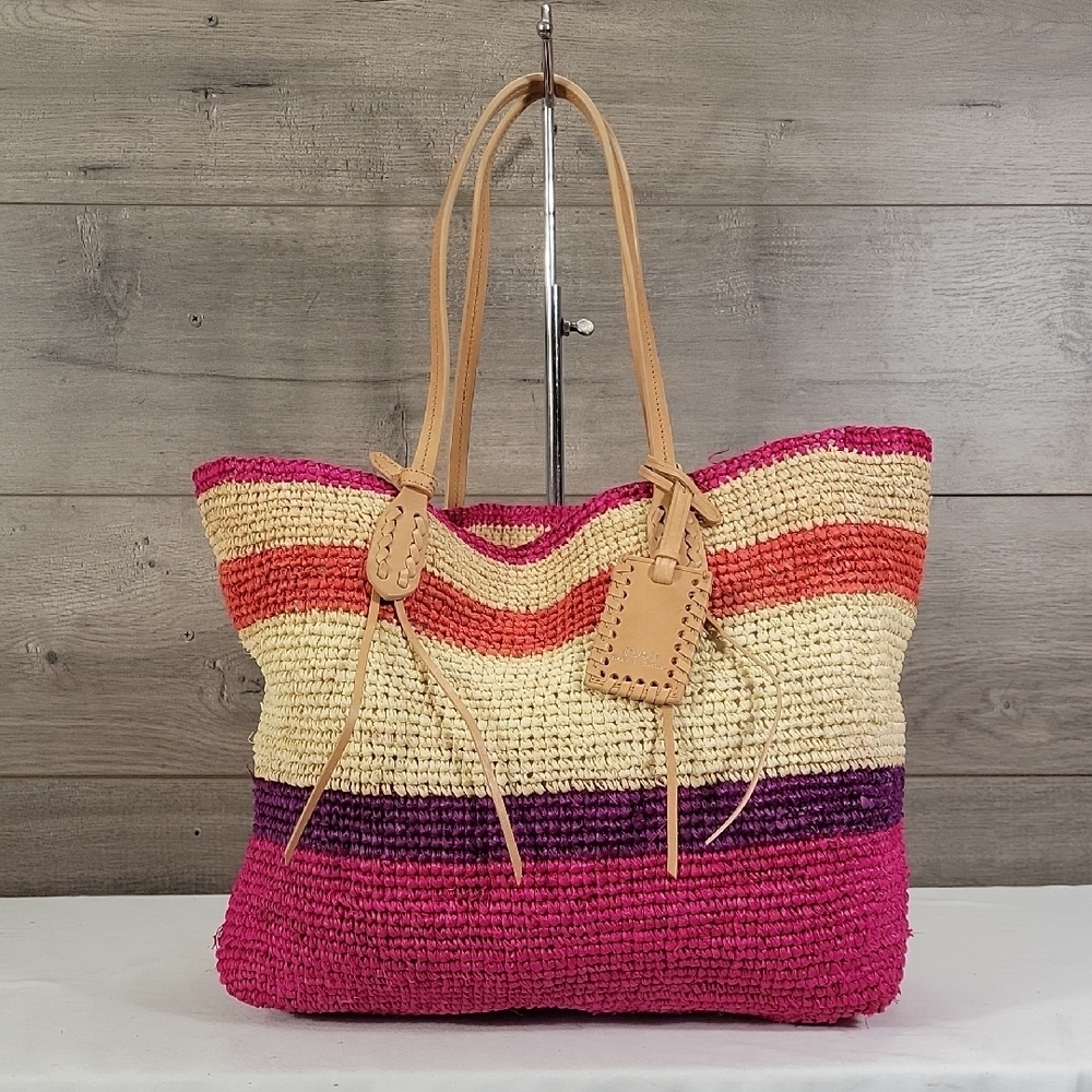 Polo Ralph Lauren Colorful Striped Straw/Leather Tote Bag